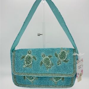 Made in India Beaded Sea Turtle Shoulder Bag - Aqua Blue and Green